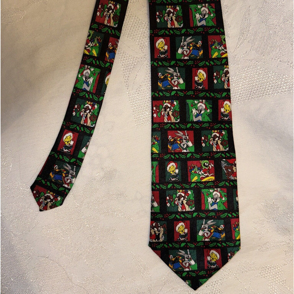 Vintage 1991 Looney Tunes Christmas Tie Bugs Bunny Tweety Sylvester 100% Silk - Picture 4 of 7